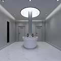 Modern Public Restroom Design With Circular Sink Round Ceiling Light And Marble Floor