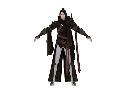 Fantasy Character in Traditional Black Brown Robe with Shoulder Armor Red Sash and Tied Hair 3d model