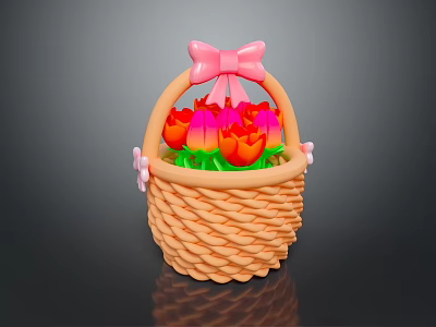 Woven Basket Bonsai Plant With Pink Bow Red Pink Tulips And Green Leaves 3d model