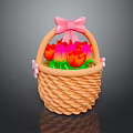 Woven Basket Bonsai Plant With Pink Bow Red Pink Tulips And Green Leaves