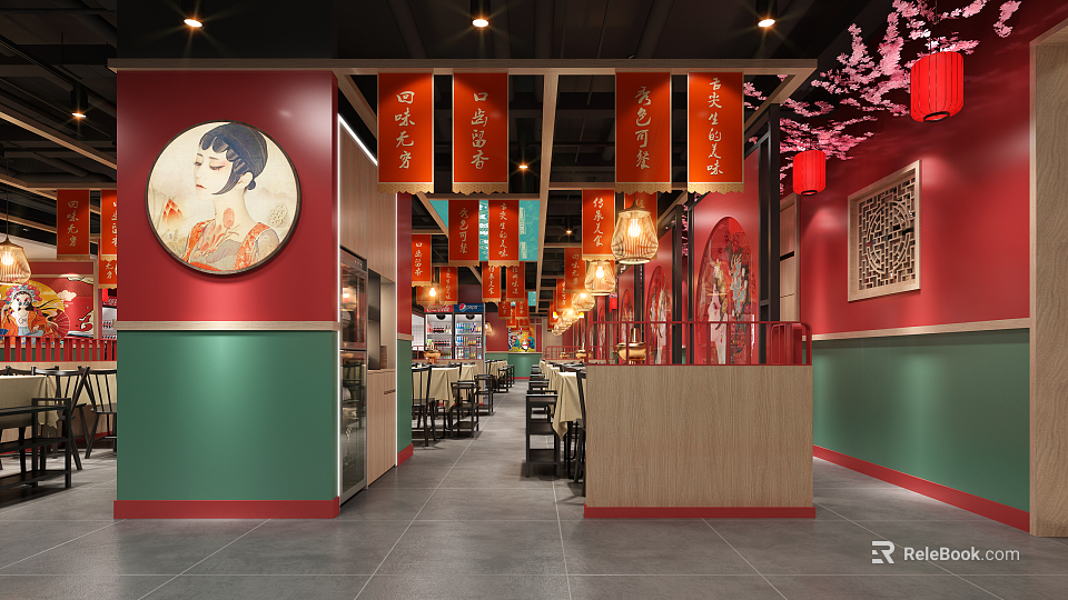 Chinese Style Hotpot Restaurant With Red Green Decor Red Lanterns And Traditional Paintings 3d model 