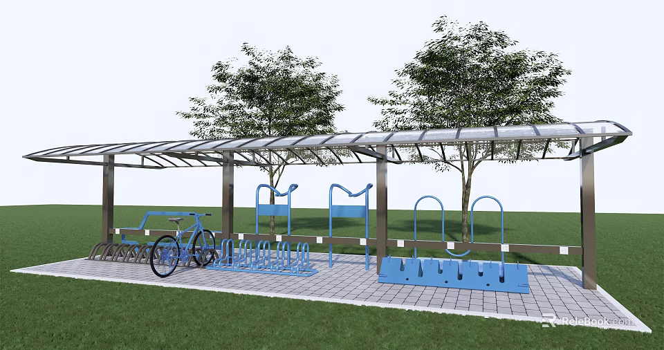 Bike Shelter Covered Bicycle Parking Area With Racks Trees And Grass 3d model 