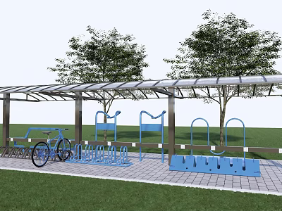 Bike Shelter Covered Bicycle Parking Area With Racks Trees And Grass 3d model
