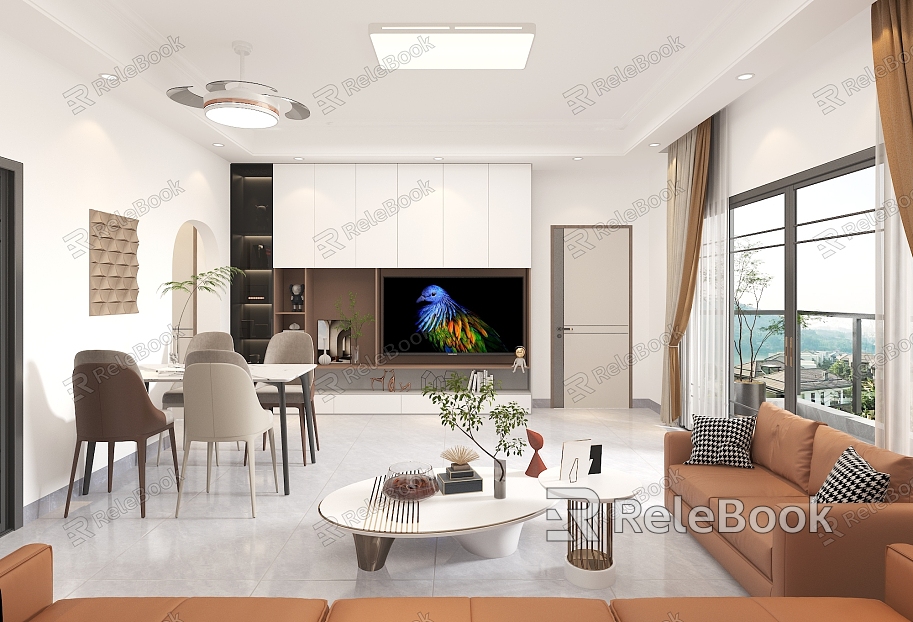 Living Room Dining Room Sofa Combination Coffee Table TV Cabinet TV Ceiling Light Fan Light Refrigerator TV Background Curtain model