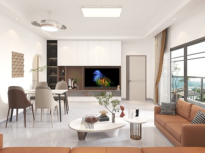 Living Room Dining Room Sofa Combination Coffee Table TV Cabinet TV Ceiling Light Fan Light Refrigerator TV Background Curtain model