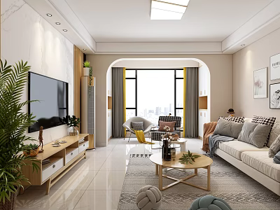 Bright Modern Cozy Living Room With Natural Wood Furniture Comfortable Sofa And Full Natural Light 3d model