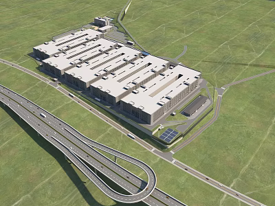 Modern Large Scale Industrial Factory Complex with Surrounding Highways and Roads 3d model