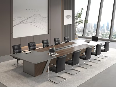 Modern Office Conference Table With Black Chairs Laptop And City View Through Large Windows 3d model