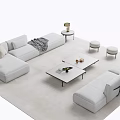 Modern Light Gray Sofa Coffee Table Set With Stools Side Table Pillows And Throw Blanket 3d model