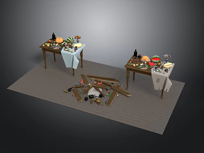 Party Dining Tables Setup With Decorative Fruits Bottles Tablecloth And Scattered Wood Pieces On Floor 3d model