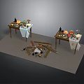 Party Dining Tables Setup With Decorative Fruits Bottles Tablecloth And Scattered Wood Pieces On Floor