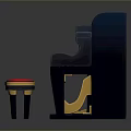 Dark Blue Upright Piano with Black White Keys Red Stool and Gold Accents