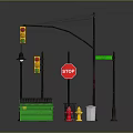 Urban Architectural Street Elements With Traffic Lights Stop Sign Lamp Trash Can And Fire Hydrants