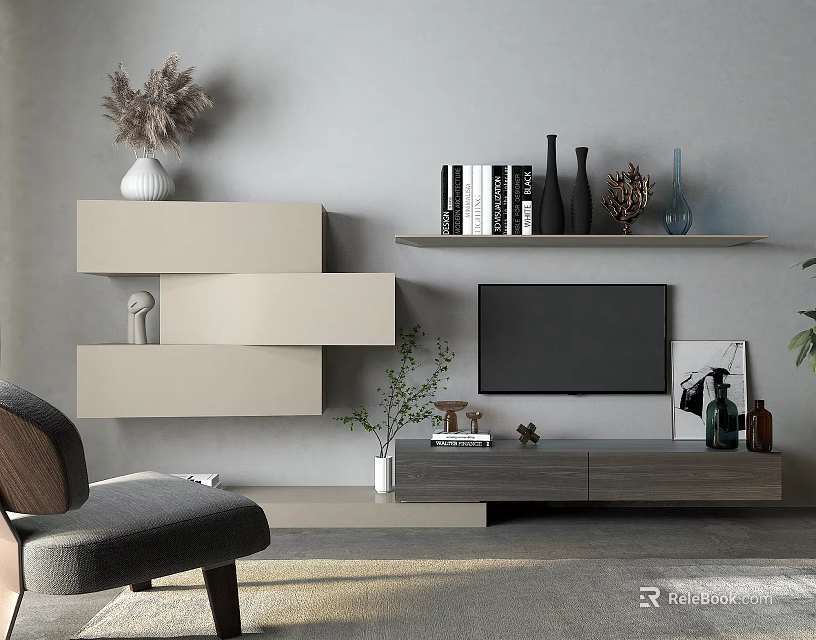 Modern TV Stand with Wall Shelves Decorative Vases Books and Plants in Living Room 3d model 