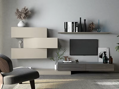 Modern TV Stand with Wall Shelves Decorative Vases Books and Plants in Living Room 3d model