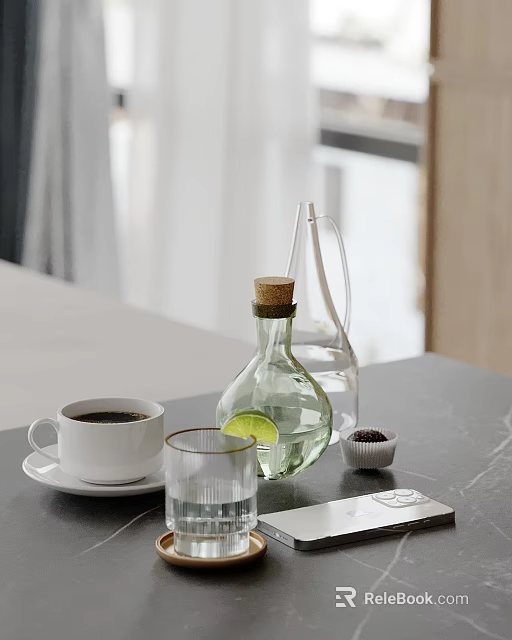 Modern Decorative Ornament Set With Glass Bottle White Cup And Lemon Slice On Tabletop 3d model 