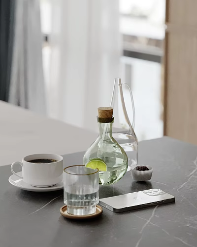 Modern Decorative Ornament Set With Glass Bottle White Cup And Lemon Slice On Tabletop 3d model