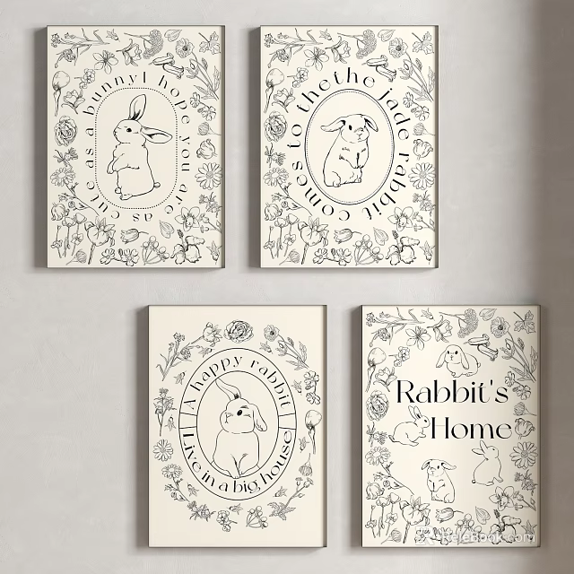 Rabbit Themed Coloring Pages With Floral Patterns And Home Decor Elements 3d model 