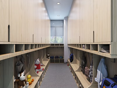 Functional Walk in Closet Storage Design With Wooden Cabinets Shelves And Hanging Rods 3d model