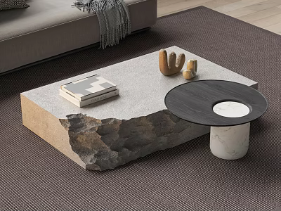 Modern Coffee Table With Rustic Stone Base And Marble Top Featuring Books And Cactus Decor 3d model
