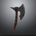 3D Model Axe With Wooden Handle And Metal Blade Carved Patterns