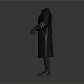Dark Colored Outfit With Long Black Coat White Belt Red Striped Sleeves Black Pants Boots