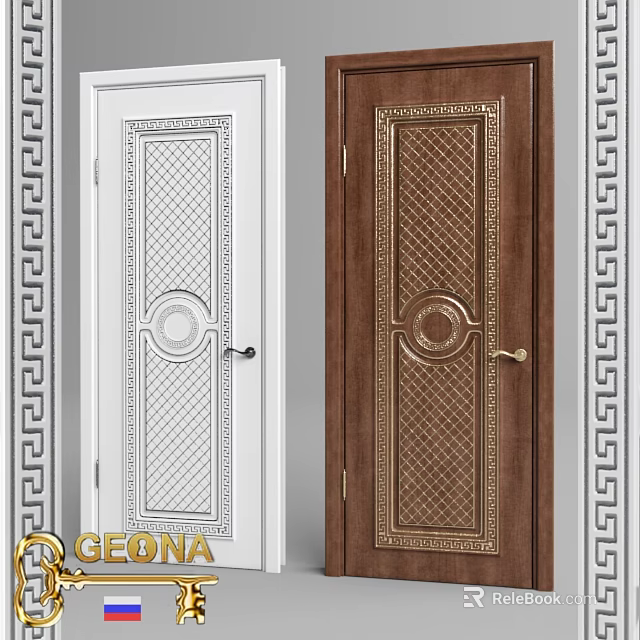 Elegant Hinged Doors With White And Brown Finish Intricate Patterns And Circular Design 3d model 