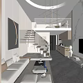 Modern Apartment Interior Design With Loft Staircase Sofa Kitchen Area And Large Artwork