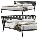 Modern Double Bed With Wicker Headboard Metal Frame And Striped Bedding 3d model