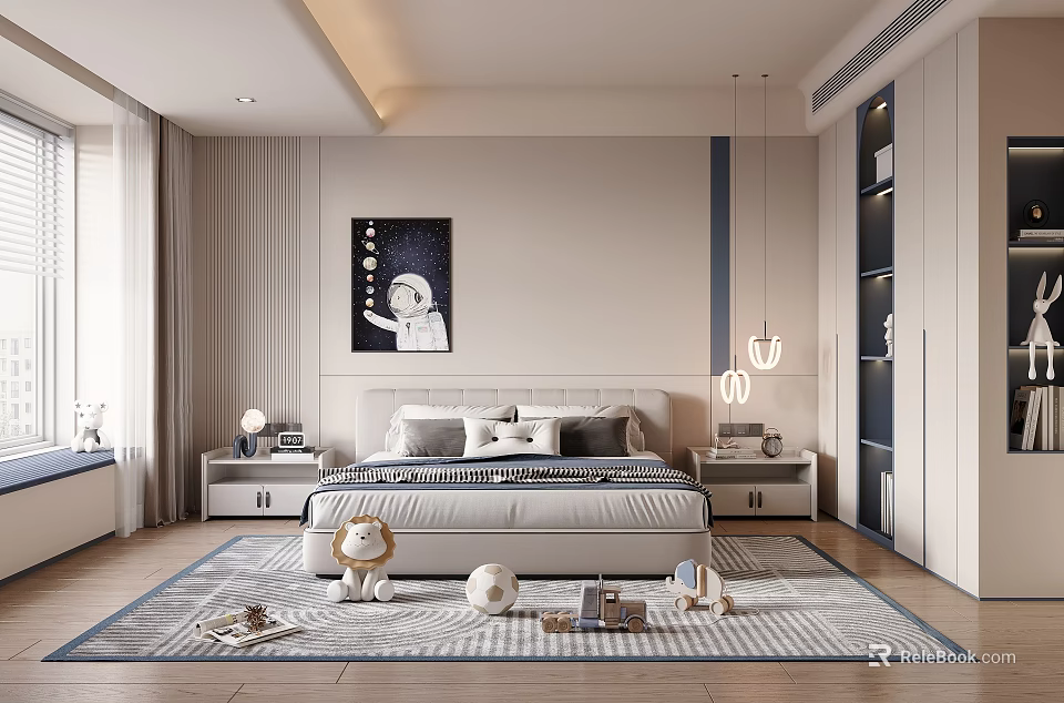 Stylish Kids Room Interior With Comfortable Bed Starry Sky Painting Toys And Pendant Lights 3d model 
