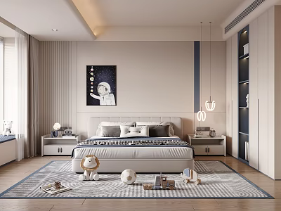 Stylish Kids Room Interior With Comfortable Bed Starry Sky Painting Toys And Pendant Lights 3d model