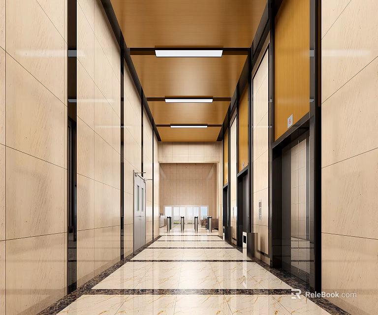 Modern Elevator Hallway Interior With Marble Walls Ceiling Lights And Floor Tiles 3d model