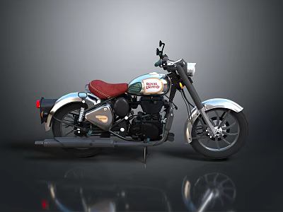Royal Enfield Classic Motorcycle With Red Seat Shiny Chrome Parts And Silver Body 3d model