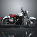 Royal Enfield Classic Motorcycle With Red Seat Shiny Chrome Parts And Silver Body
