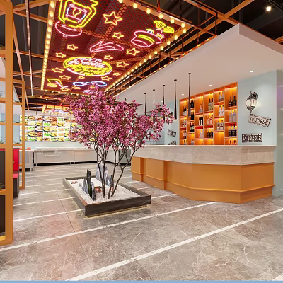 Hotel Lobby Interior Design With Pink Cherry Blossom Tree Marble Reception Counter And Wine Rack 3d model