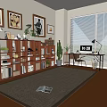 Study Room With Wooden Bookcase Books Potted Plants Framed Artworks Desk Lamp And Area Rug