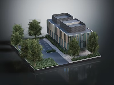 Modern Commercial Building Exterior With Landscaped Trees Parking Area And Greenery 3d model