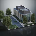 Modern Commercial Building Exterior With Landscaped Trees Parking Area And Greenery