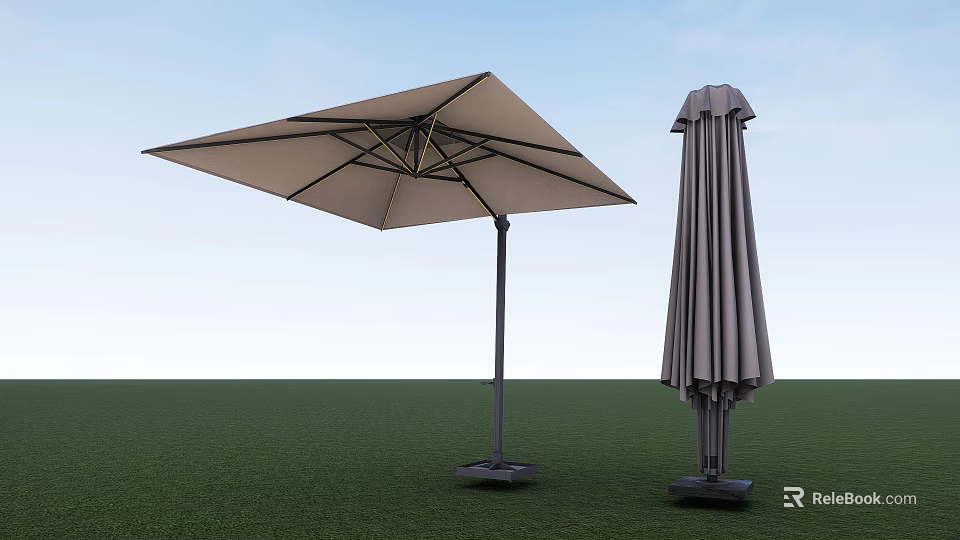 Outdoor Patio Umbrella Open And Closed Beige Gray With Dark Frame In Garden 3d model 
