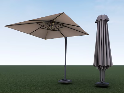 Outdoor Patio Umbrella Open And Closed Beige Gray With Dark Frame In Garden 3d model