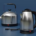 Silver Stainless Steel Kitchen Electric Kettles With Black Handles And Power Plug On Blue Background