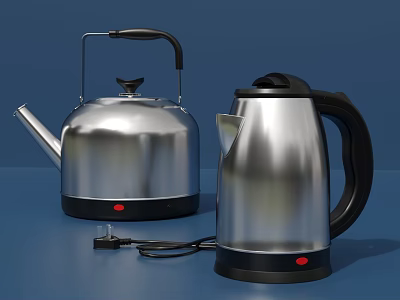 Silver Stainless Steel Kitchen Electric Kettles With Black Handles And Power Plug On Blue Background 3d model