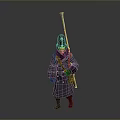 3D Model Military Style Uniformed Character In Long Coat With Feathered Hat Spear And Backpack