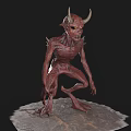 Red Horned Demon Game Movie Character with Sharp Teeth Claws Standing on Rock Base