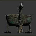 Ancient Bronze Sculpture Three Legged Vessel With Curved Braided Handle Design