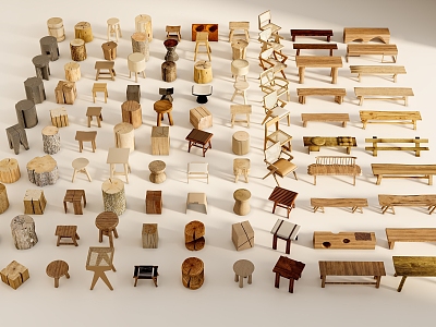 Wooden chair, wooden stool, wooden stake, wooden board 3d model