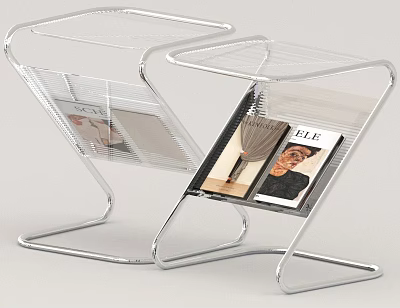 Stylish Transparent Side Tables With Metal Frames And Magazines On Top 3d model