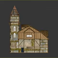 Multi Story Wooden House With Red Steeple Tower And Vines Covered Veranda