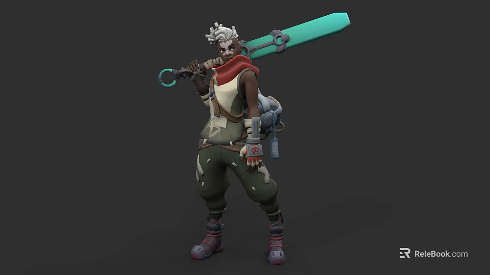 Game Movie Character With White Hair Red Scarf Backpack Green Pants And Large Teal Weapon 3d model 