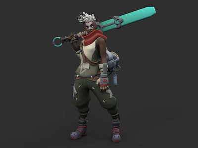 Game Movie Character With White Hair Red Scarf Backpack Green Pants And Large Teal Weapon 3d model